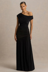 Kady | Black Asymmetric-Neck Maxi Dress With Ruched Detailing