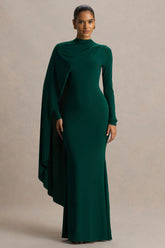 Always | Bottle Green High-Neck Maxi Dress With Cape Sleeve Detail