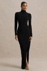 Betsy | Black High-Neck Maxi Dress With Front Split And Ruched Detailing