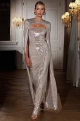 Devora | Silver Sequin Crew-Neck Maxi Dress With Cape Sleeves