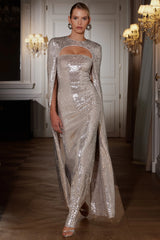 Devora | Silver Sequin Crew-Neck Maxi Dress With Cape Sleeves