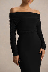 Cilla | Black Bardot-Neck Maxi Dress With Ruched Detailing
