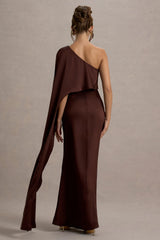 Amora | Brown Satin Asymmetric Cape-Sleeve Split Maxi Dress