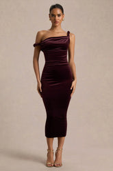 Carella | Burgundy Velvet Twisted Asymmetric Midi Dress