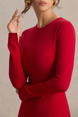 Liberty | Red High Neck Mermaid Midi Dress With Ruffling Detail