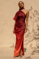 Coralie | Red and Orange Ombre Satin Asymmetric Maxi Dress