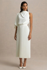 Jimena | Cream High-Neck Midi Dress With One-Long Sleeve And Pleated Detailing