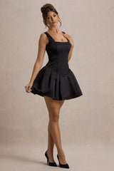 Bramble | Black Satin Square-Neck Puffball Mini Dress