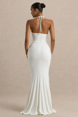 Lucena | White Cowl-Neck Maxi Dress With Corsage Detail And Front High Split