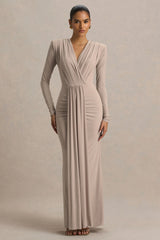 Flashy | Champagne Plunge-Neck Maxi Dress With Ruched Detailing