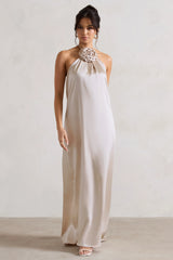 Everleigh | Cream Satin Relaxed Fit Maxi Column Dress With Corsage