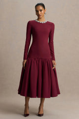 Jovana | Burgundy Hand-Embellished Crew-Neck Midi Dress With Drop Waist
