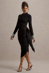 Luanna | Black Satin Long-Sleeve Midi Dress With Draped Skirt And Embellised Cuffs