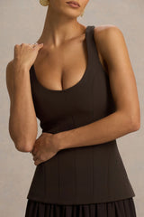 Kelly | Brown Scoop-Neck Maxi Dress With Pleated Mesh Skirt