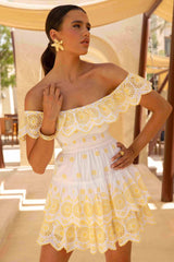 Andrea | Lemon and White Broderie Ruffled Bardot Mini Dress