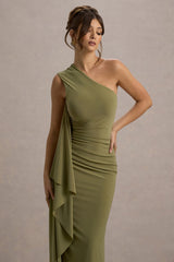 Adelina | Olive One-Shoulder Maxi Dress With Drape
