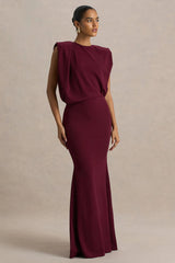 Meave | Burgundy Boat-Neck Maxi Dress With Draped Detail