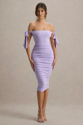 Citrus | Lilac Bardot Bodycon Midi Dress With Bow Sleeves