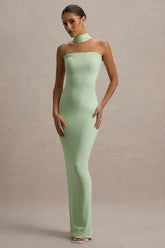 Nobu | Light Green Bandeau Maxi Dress With Halter-Collar
