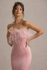 One And Only | Light Pink Satin Feather Trim Bandeau Midi Dress