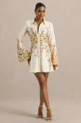 Alma | White Floral Border Print Shirt Mini Dress With Fluted Sleeves