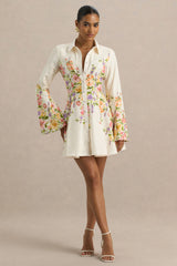 Alma | White Floral Border Print Shirt Mini Dress With Fluted Sleeves