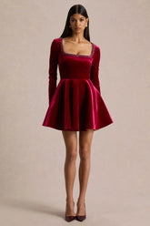 Beloved | Burgundy Velvet Hand-Embellished Square-Neck Mini Dress