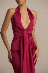 Lynette | Burgundy Satin Plunge-Neck Maxi Dress With Asymmetric Hem