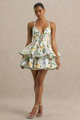Flavia | White Botanical Print Linen Plunge-Neck Ruffled Skater Micro-Mini Dress