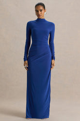 Alluring | Blue High Neck Maxi Dress With Ruched Detailing