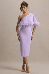 Victory | Lilac One Shoulder Midi Dress With Feather Trim