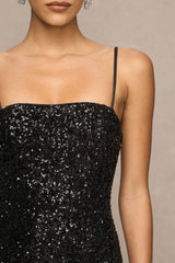 Allora | Black Sequin Square-Neck Maxi Dress With Pleated Skirt