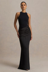 Akari | Black Crew-Neck Maxi Dress With Satin Skirt
