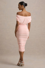 Rayleigh | Pink Bardot Ruched Midi Dress