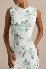 Priceless | Green Porcelain Print Print High-Neck Fishtail Midi Dress