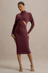Pandora | Burgundy Long-Sleeve Midi Dress With Cut-Out