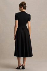 Vicky | Black High Neck Midi Dress With Puff Sleeves