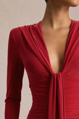 Ivara | Red Plunge-Neck Maxi Dress With Ruched Detailing And Sash