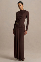 Zadie | Brown High-Neck Maxi Dress With Gathered-Detail