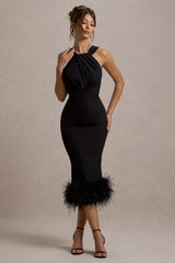 Titania | Black Twist-Neck Feather Hem Midi Dress