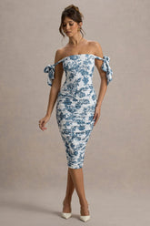 Citrus | Blue Porcelain Print Bardot Bodycon Midi Dress With Bow Sleeves