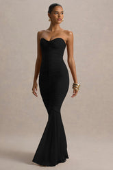 Talisa | Black Bandeau Ruched Maxi Dress With Mesh Fishtail