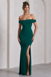 Law of Attraction | Bottle Green Bardot Draped Split Maxi Dress