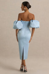 Imogen | Powder Blue Satin Short-Sleeve Bardot Midi Dress With Ruffle Detail
