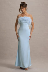 Dress For It | Powder Blue Satin Feather Trim Bandeau Maxi Dress