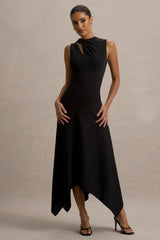 Francesca | Black Knotted Midi Dress With Handkerchief Hem