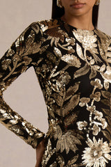 Lara | Black Velvet And Gold Embellished Sequin High-Neck Mini Dress With Feather Trim