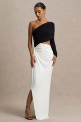 Malika | Black And White Asymmetric-Neck Maxi Dress With Body-Cut Out And Gathered Detailing