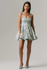Seashell | Light Blue Jacquard Embellished Sweetheart-Neck Skater Mini Dress