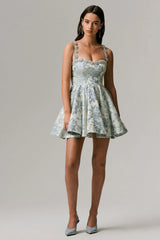 Seashell | Light Blue Jacquard Embellished Sweetheart-Neck Skater Mini Dress